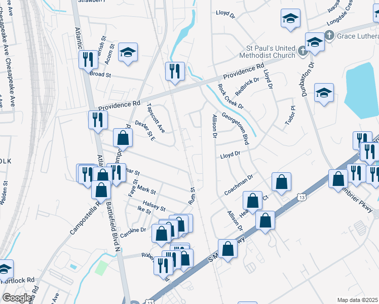 map of restaurants, bars, coffee shops, grocery stores, and more near 2322 Tawnyberry Lane in Chesapeake