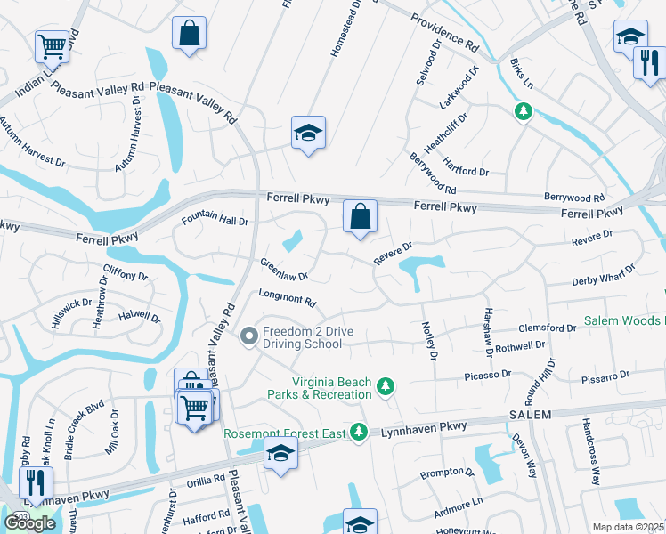 map of restaurants, bars, coffee shops, grocery stores, and more near 4600 Glanmire Drive in Virginia Beach