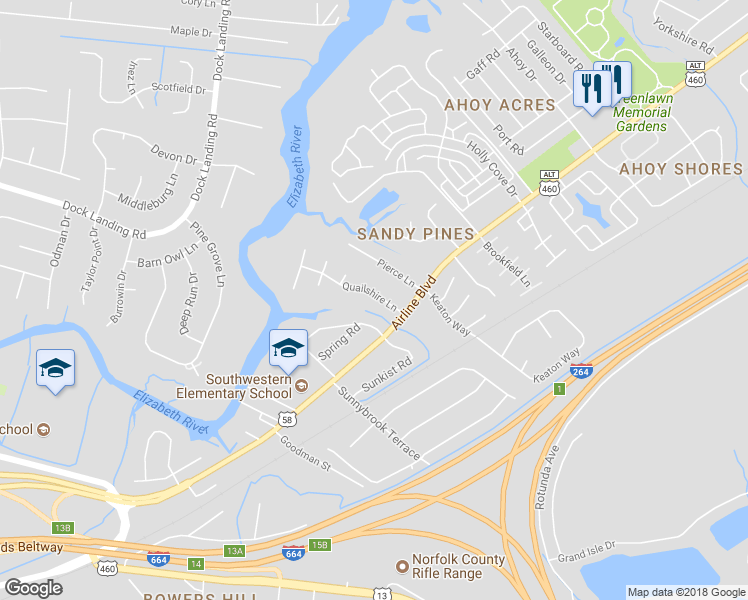 map of restaurants, bars, coffee shops, grocery stores, and more near 3916 Quailshire Lane in Chesapeake
