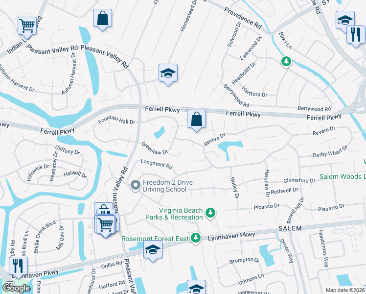 map of restaurants, bars, coffee shops, grocery stores, and more near 1405 Suffield Circle in Virginia Beach