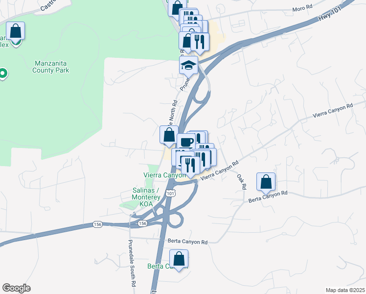 map of restaurants, bars, coffee shops, grocery stores, and more near 17653 Vierra Canyon Road in Salinas