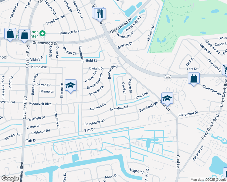 map of restaurants, bars, coffee shops, grocery stores, and more near 500 Bunche Boulevard in Portsmouth