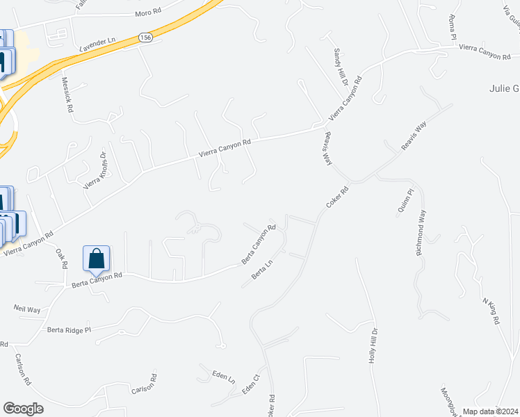 map of restaurants, bars, coffee shops, grocery stores, and more near 18221 Berta Canyon Road in Salinas