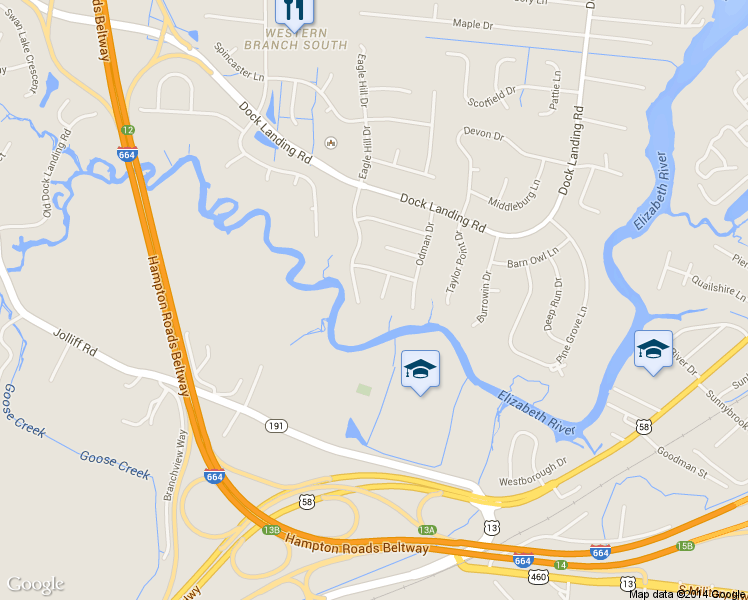 map of restaurants, bars, coffee shops, grocery stores, and more near 1502 Rick Fletcher Court in Chesapeake