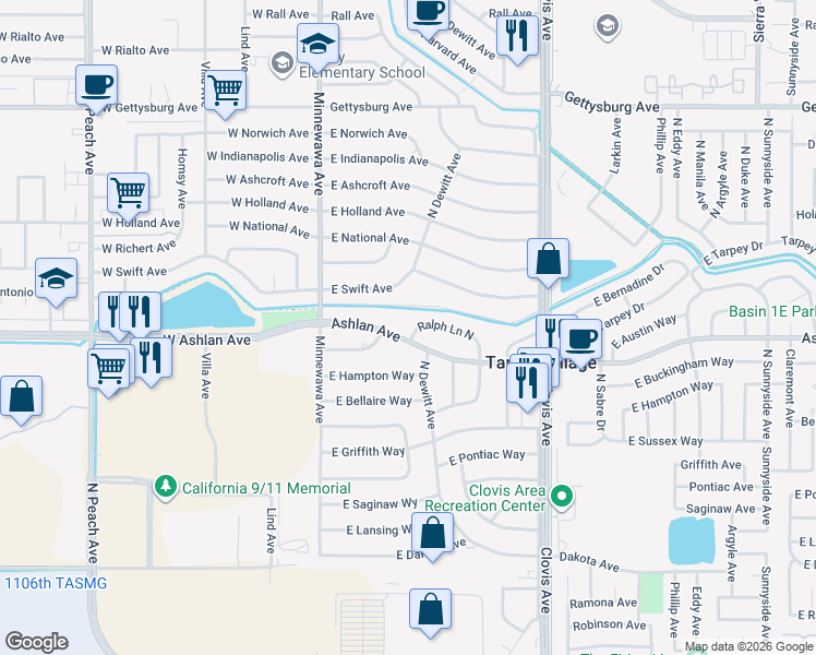 map of restaurants, bars, coffee shops, grocery stores, and more near 5462 East Swift Avenue in Fresno
