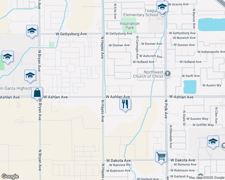 map of restaurants, bars, coffee shops, grocery stores, and more near 5887 West Willis Avenue in Fresno