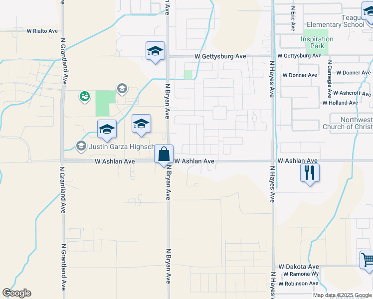 map of restaurants, bars, coffee shops, grocery stores, and more near 6260 West Ashlan Avenue in Fresno