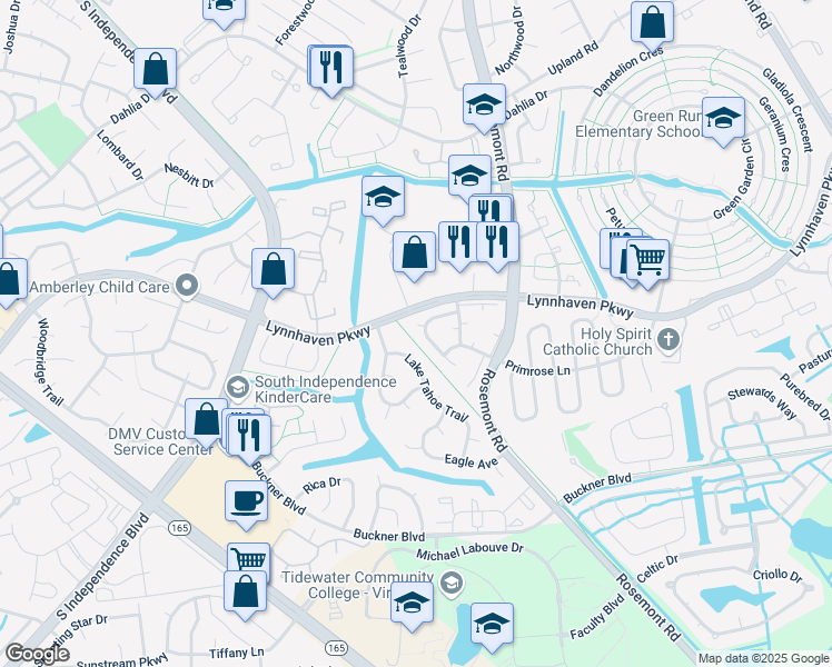 map of restaurants, bars, coffee shops, grocery stores, and more near 3640 Sylvan Court in Virginia Beach