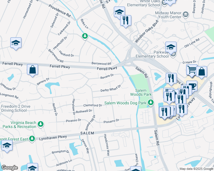 map of restaurants, bars, coffee shops, grocery stores, and more near 4437 Revere Drive in Virginia Beach