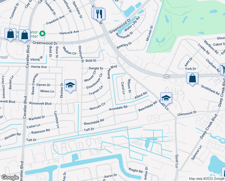 map of restaurants, bars, coffee shops, grocery stores, and more near 500 Bunche Boulevard in Portsmouth
