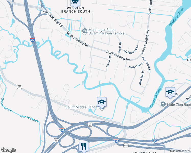 map of restaurants, bars, coffee shops, grocery stores, and more near 1502 Rick Fletcher Court in Chesapeake