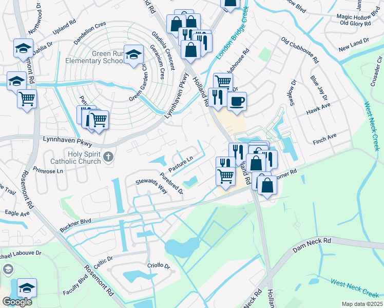 map of restaurants, bars, coffee shops, grocery stores, and more near 3456 Pasture Lane in Virginia Beach