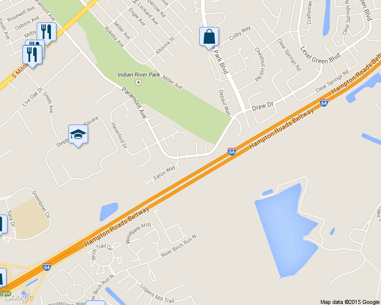 map of restaurants, bars, coffee shops, grocery stores, and more near 3 Jersey Circle in Chesapeake
