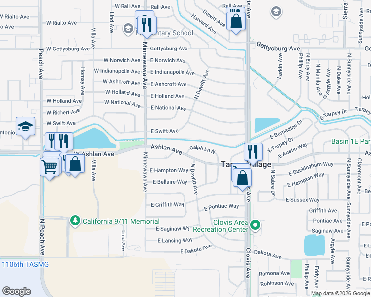 map of restaurants, bars, coffee shops, grocery stores, and more near 5462 East Swift Avenue in Fresno