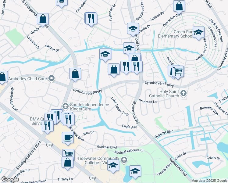 map of restaurants, bars, coffee shops, grocery stores, and more near 3640 Sylvan Court in Virginia Beach
