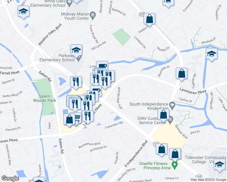 map of restaurants, bars, coffee shops, grocery stores, and more near 1516 Newport Circle in Virginia Beach