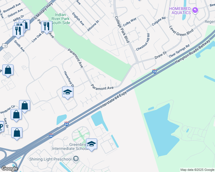 map of restaurants, bars, coffee shops, grocery stores, and more near 3 Jersey Circle in Chesapeake