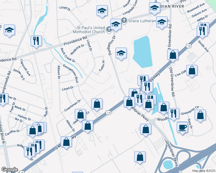 map of restaurants, bars, coffee shops, grocery stores, and more near 90 King George Quay in Chesapeake