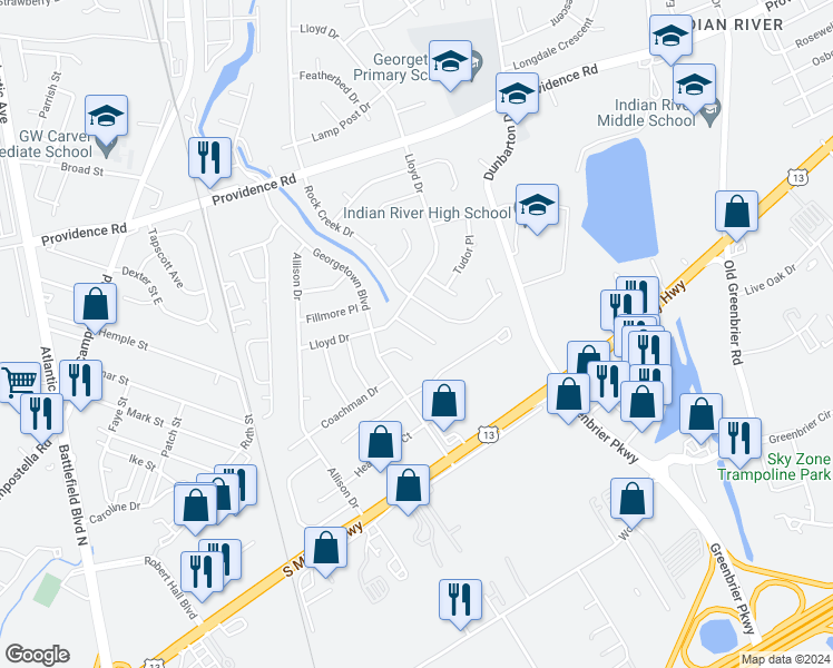 map of restaurants, bars, coffee shops, grocery stores, and more near 2116 Markland Drive in Chesapeake