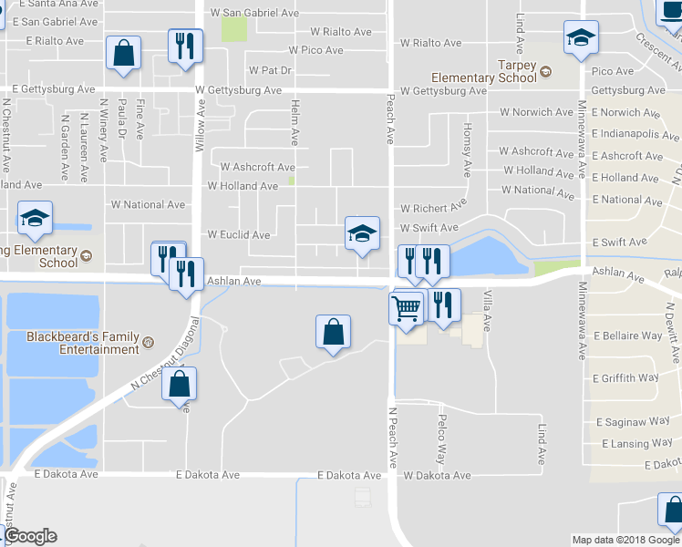 map of restaurants, bars, coffee shops, grocery stores, and more near 521 West Ashlan Avenue in Clovis