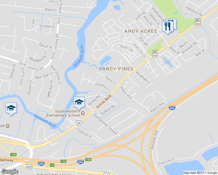 map of restaurants, bars, coffee shops, grocery stores, and more near 3909 Quailshire Lane in Chesapeake