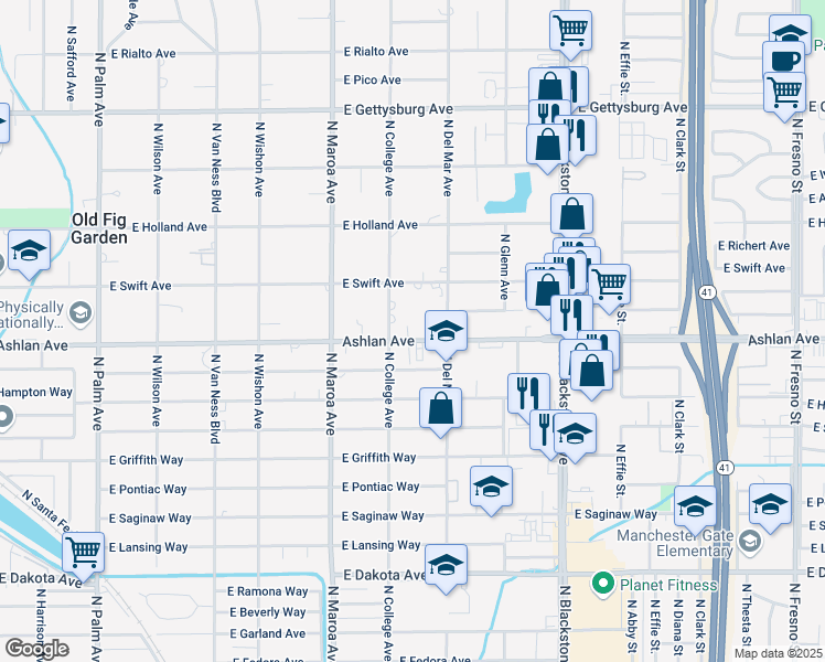 map of restaurants, bars, coffee shops, grocery stores, and more near 1181 East Ashlan Avenue in Fresno
