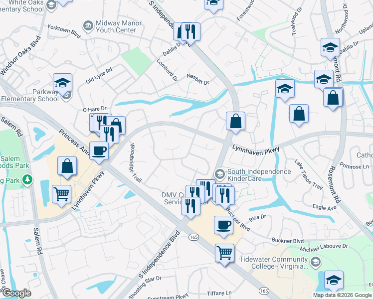 map of restaurants, bars, coffee shops, grocery stores, and more near 1531 Amberley Forest Road in Virginia Beach