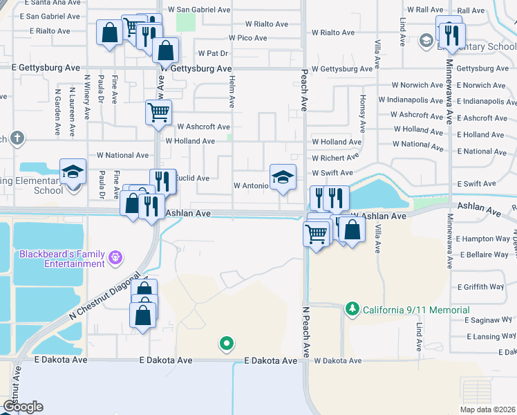 map of restaurants, bars, coffee shops, grocery stores, and more near 541 West Ashlan Avenue in Clovis