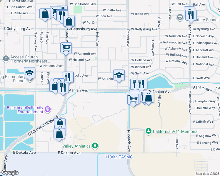 map of restaurants, bars, coffee shops, grocery stores, and more near 531 West Ashlan Avenue in Clovis