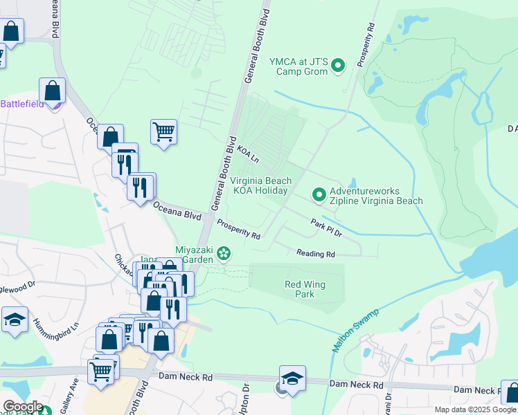 map of restaurants, bars, coffee shops, grocery stores, and more near 825 Azusa Way in Virginia Beach