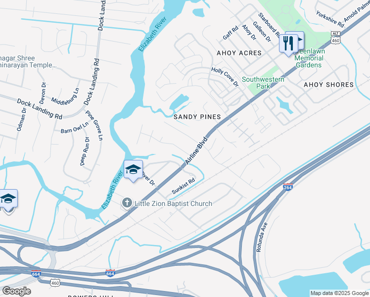map of restaurants, bars, coffee shops, grocery stores, and more near 3909 Quailshire Lane in Chesapeake