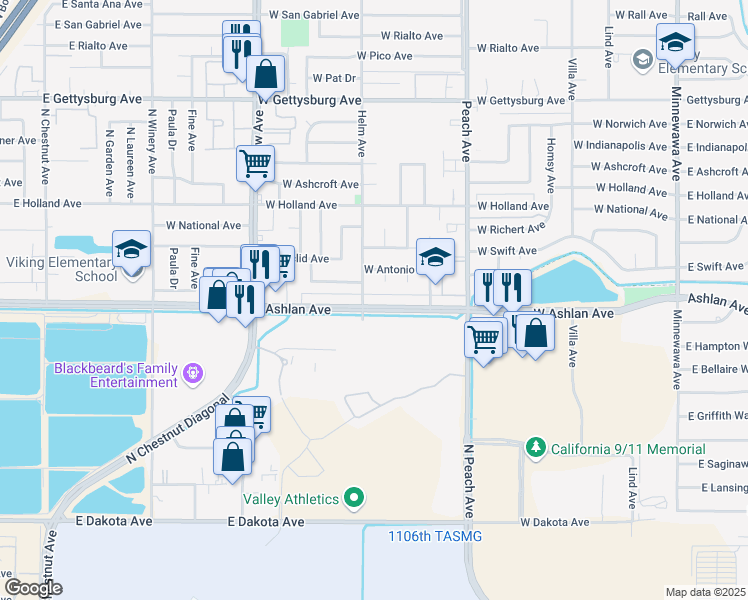 map of restaurants, bars, coffee shops, grocery stores, and more near 3131 Helm Avenue in Clovis