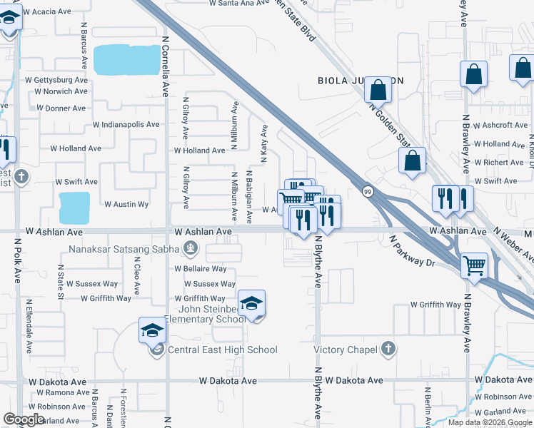 map of restaurants, bars, coffee shops, grocery stores, and more near 4071 North Cecelia Avenue in Fresno