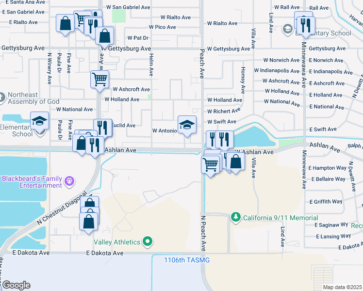map of restaurants, bars, coffee shops, grocery stores, and more near 501 West Ashlan Avenue in Clovis