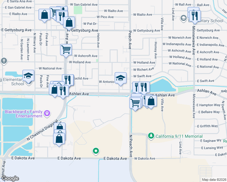 map of restaurants, bars, coffee shops, grocery stores, and more near 521 West Ashlan Avenue in Clovis