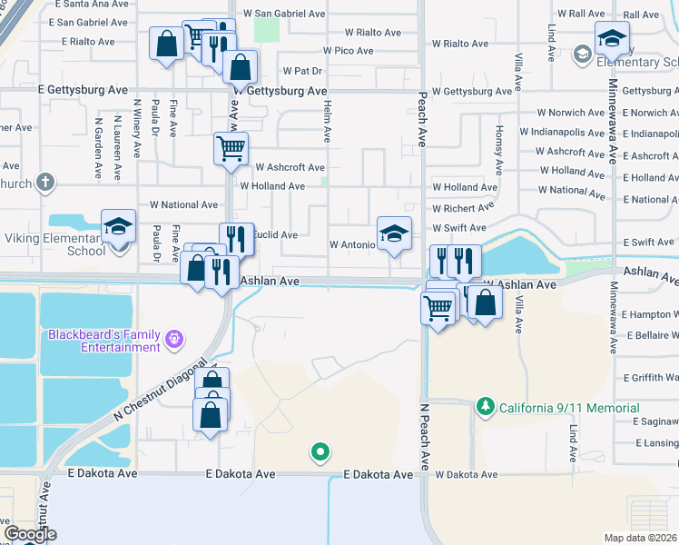 map of restaurants, bars, coffee shops, grocery stores, and more near 581 West Ashlan Avenue in Clovis