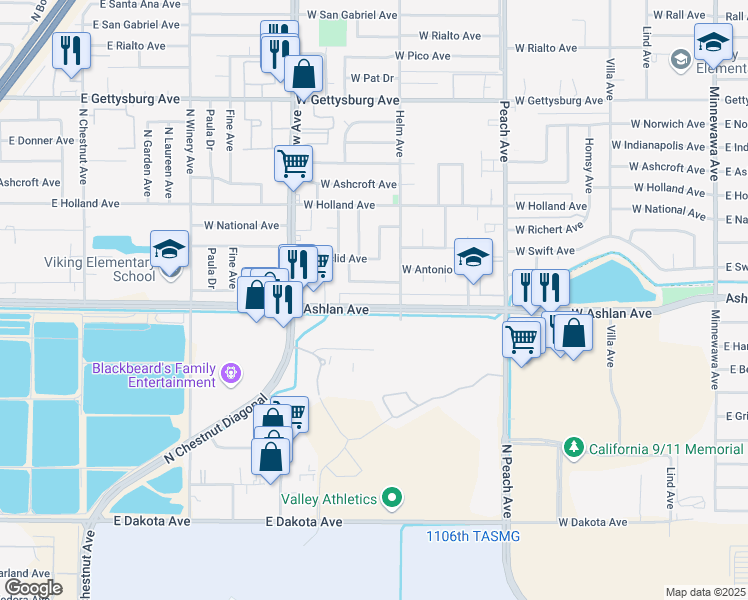 map of restaurants, bars, coffee shops, grocery stores, and more near 640 West Antonio Drive in Clovis
