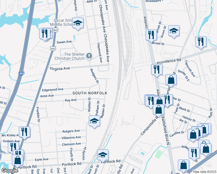 map of restaurants, bars, coffee shops, grocery stores, and more near 2809 Southport Avenue in Chesapeake