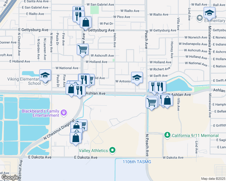 map of restaurants, bars, coffee shops, grocery stores, and more near 3131 Helm Avenue in Clovis
