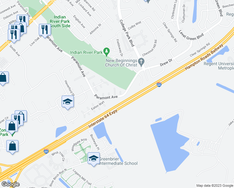 map of restaurants, bars, coffee shops, grocery stores, and more near 3 Keswick Circle in Chesapeake