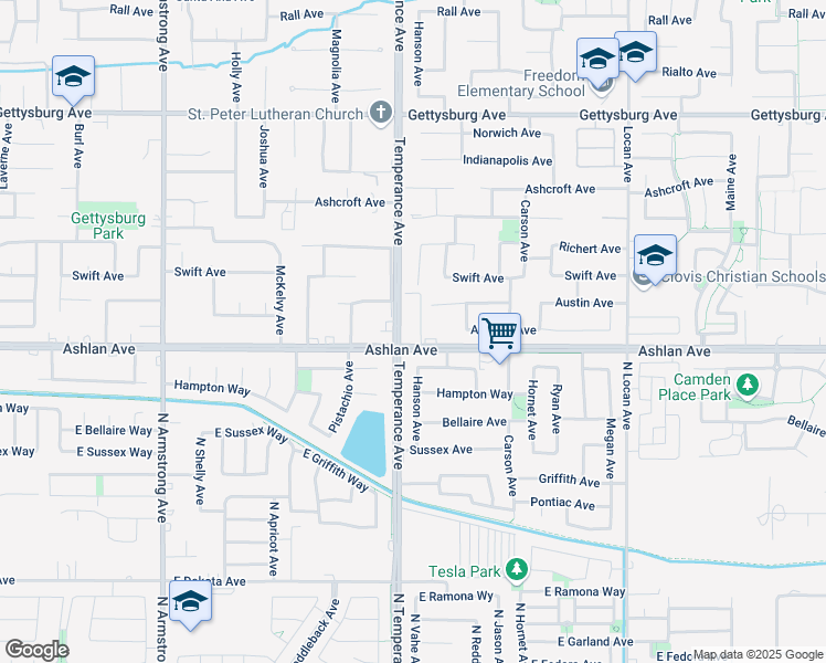map of restaurants, bars, coffee shops, grocery stores, and more near 3140 Richert Avenue in Clovis