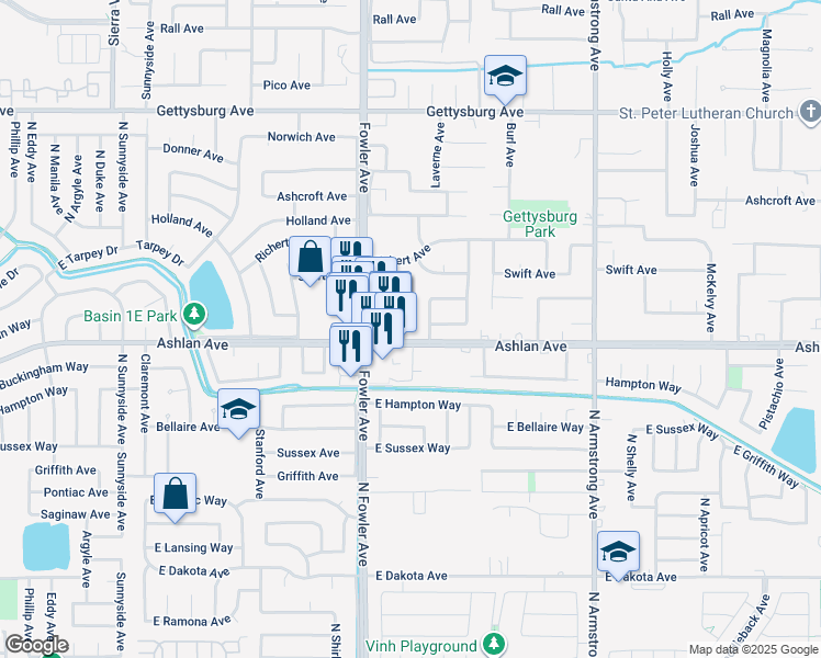 map of restaurants, bars, coffee shops, grocery stores, and more near 3140 Whittier Avenue in Clovis