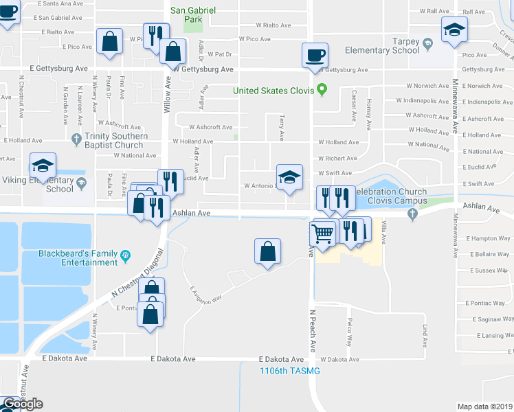 map of restaurants, bars, coffee shops, grocery stores, and more near 3134 Sylmar Avenue in Clovis