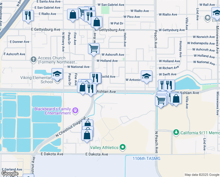 map of restaurants, bars, coffee shops, grocery stores, and more near 3160 Timmy Avenue in Clovis