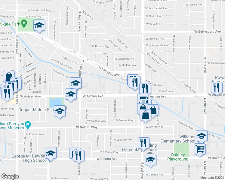 map of restaurants, bars, coffee shops, grocery stores, and more near 4263 North Bengston Avenue in Fresno