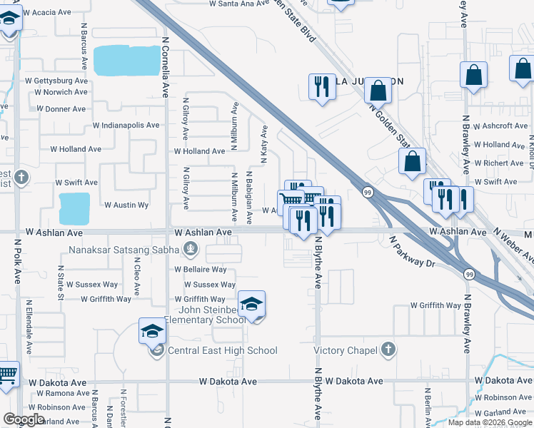 map of restaurants, bars, coffee shops, grocery stores, and more near 4071 North Cecelia Avenue in Fresno