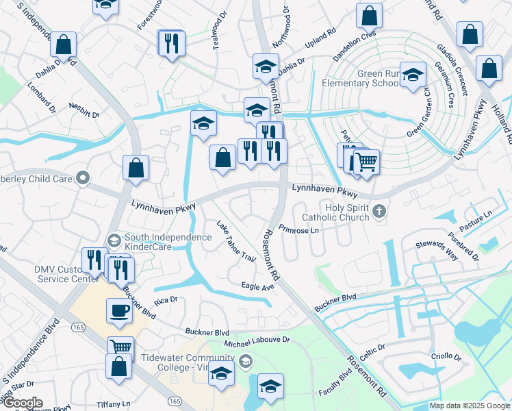 map of restaurants, bars, coffee shops, grocery stores, and more near 3602 Sylvan Lane in Virginia Beach