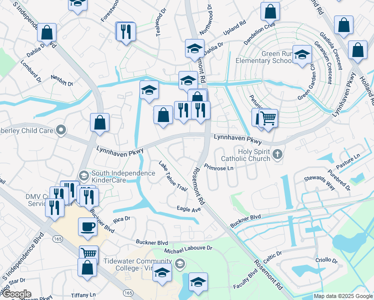 map of restaurants, bars, coffee shops, grocery stores, and more near 3602 Sylvan Lane in Virginia Beach