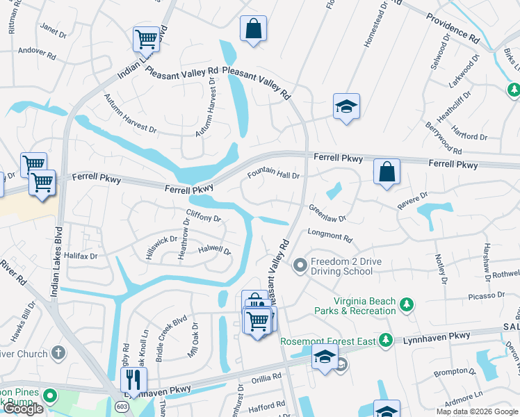 map of restaurants, bars, coffee shops, grocery stores, and more near 4913 Fountain Hall Drive in Virginia Beach