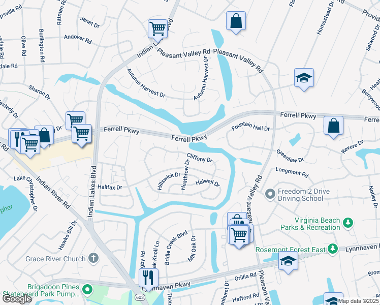 map of restaurants, bars, coffee shops, grocery stores, and more near 5044 Cliffony Drive in Virginia Beach